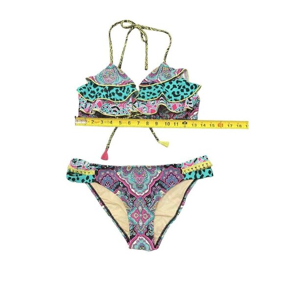 Betsey Johnson $118 Bikini Swimsuit Neon Mixed Animal Print Paisley Size Large - Picture 4 of 9